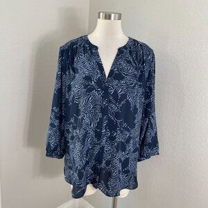 NYDJ Womens XL Blue Abstract Blouse Long Sleeve Pleated Back Shirt Tunic Top